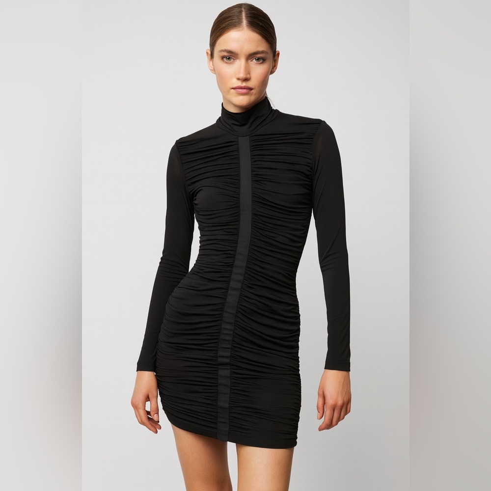 BEDO | LBD Chic Black Ruched Long Sleeve Turtleneck Dress